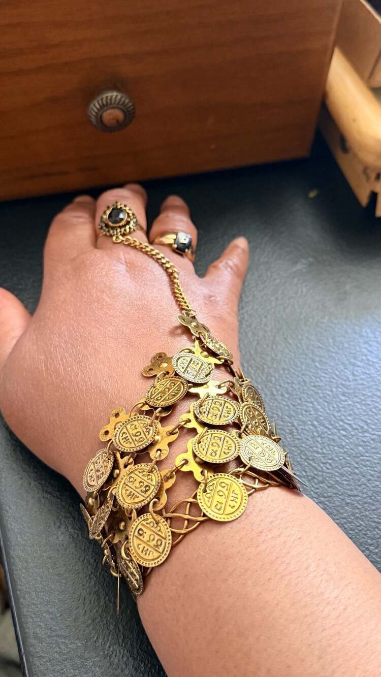 Vintage Gold Tone Coin Slave Bracelet Ring Hand Chain